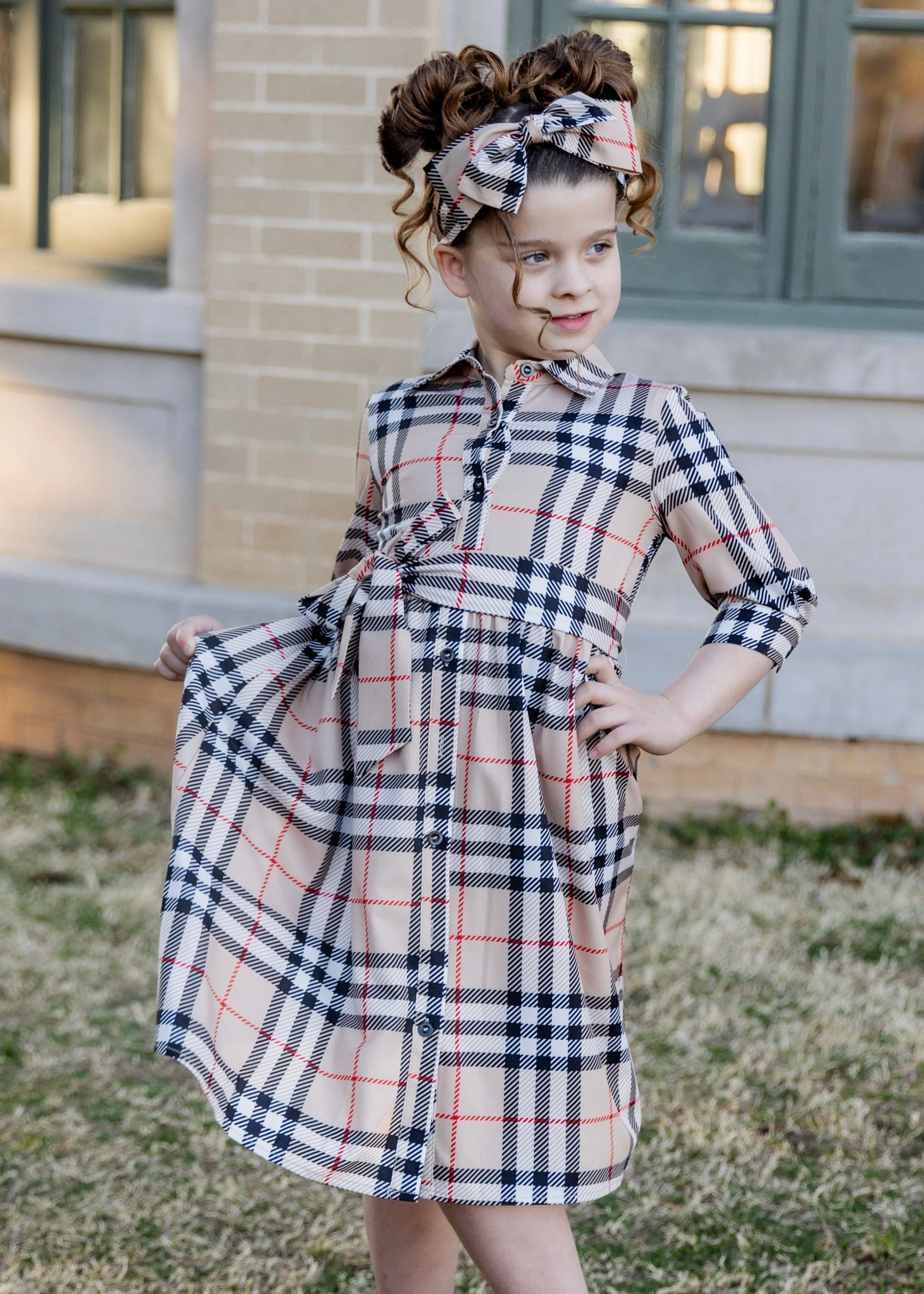 Girls' Rachel Dress in Sand Plaid - Votecaris