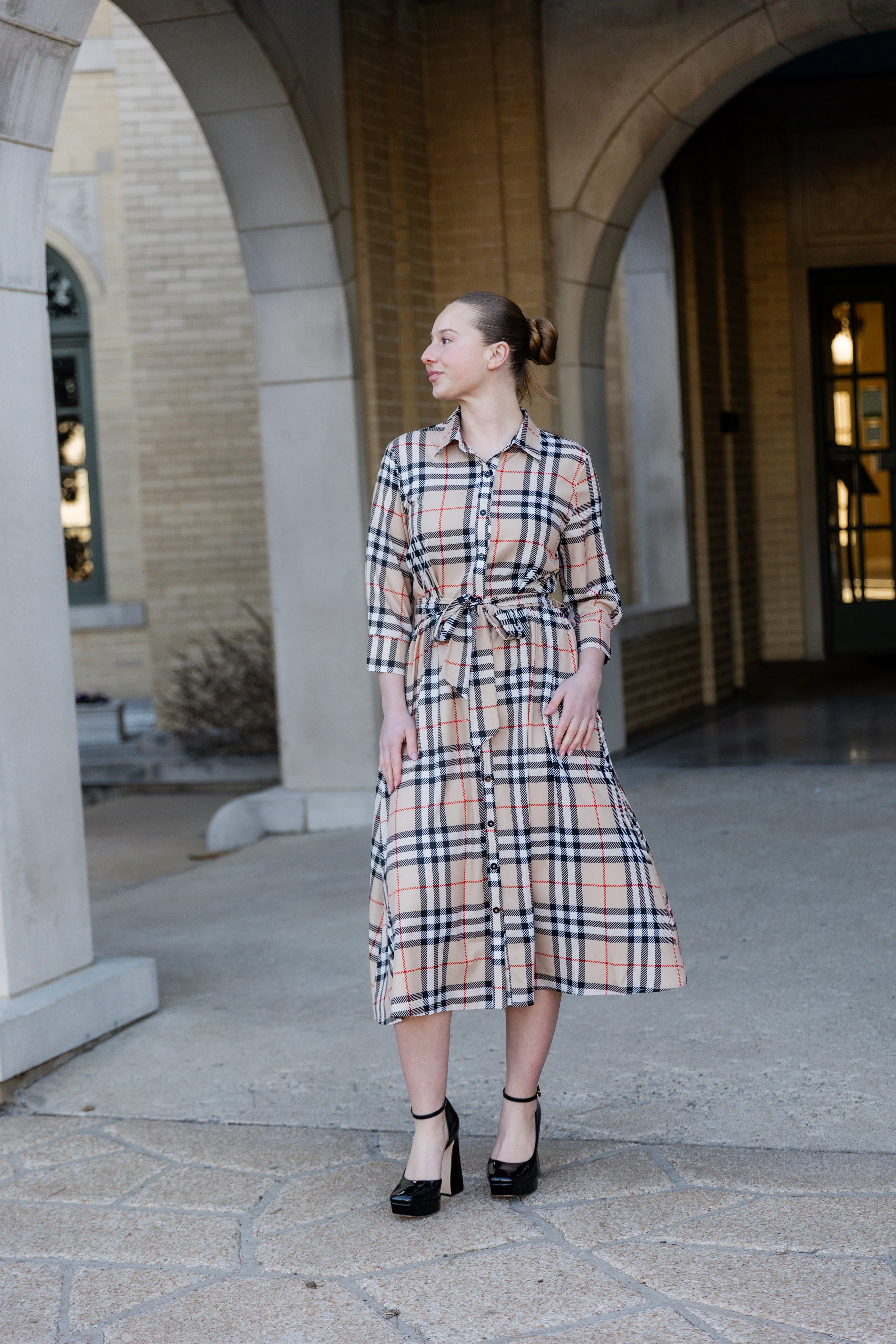 Rachel Dress in Sand Plaid - Votecaris