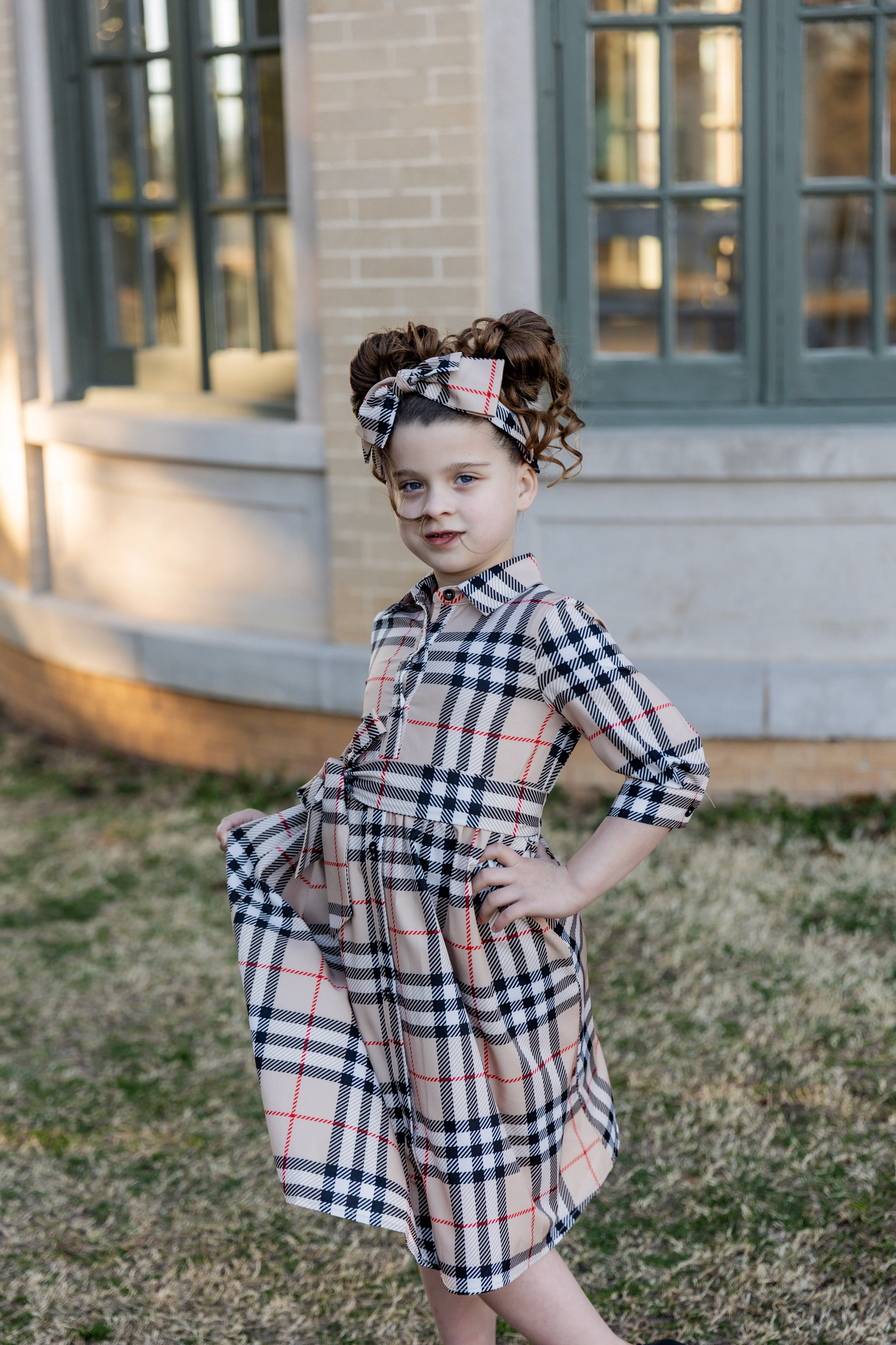 Girls' Rachel Dress in Sand Plaid - Votecaris