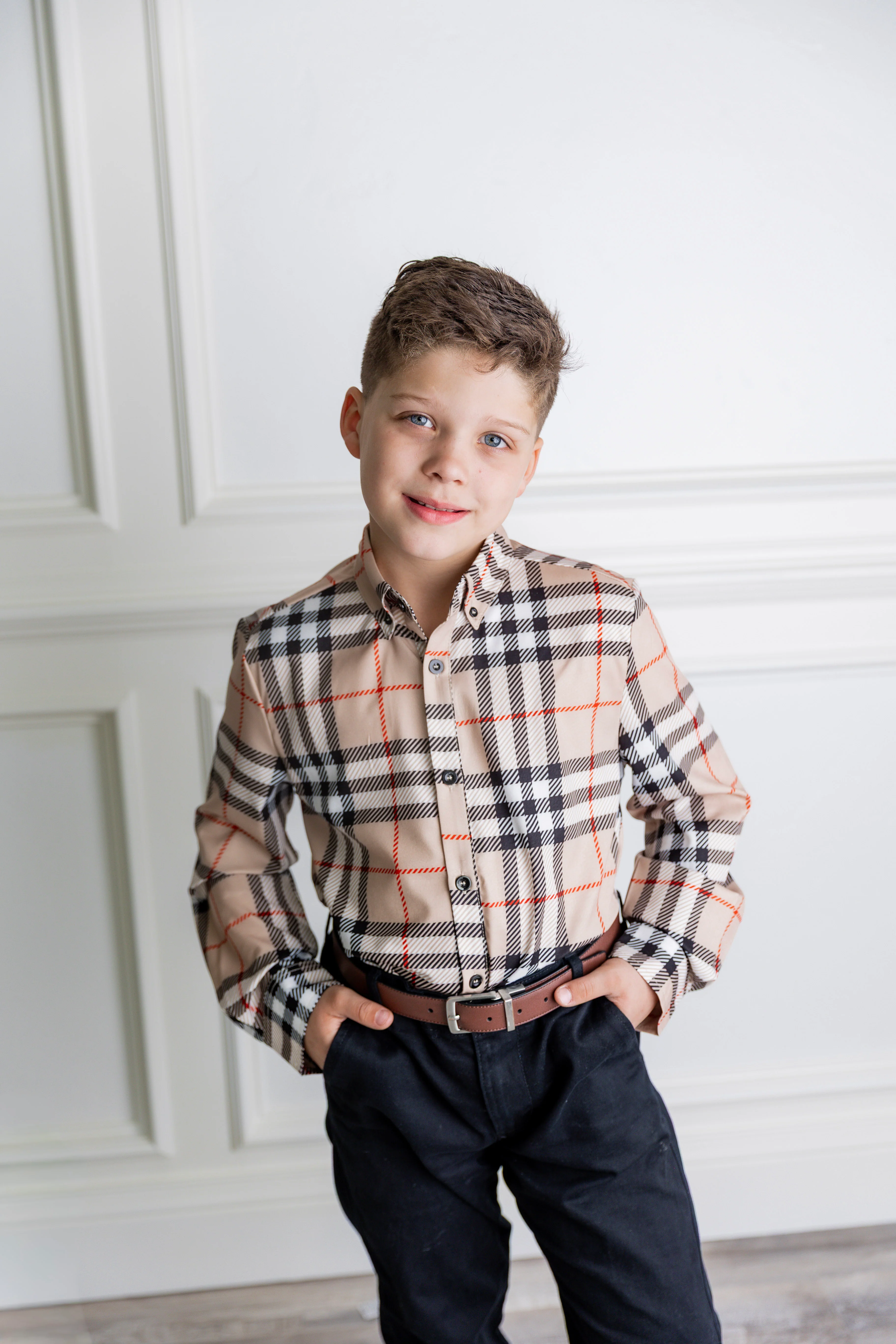 Boys' Button Down Shirt in Sand Plaid - Votecaris