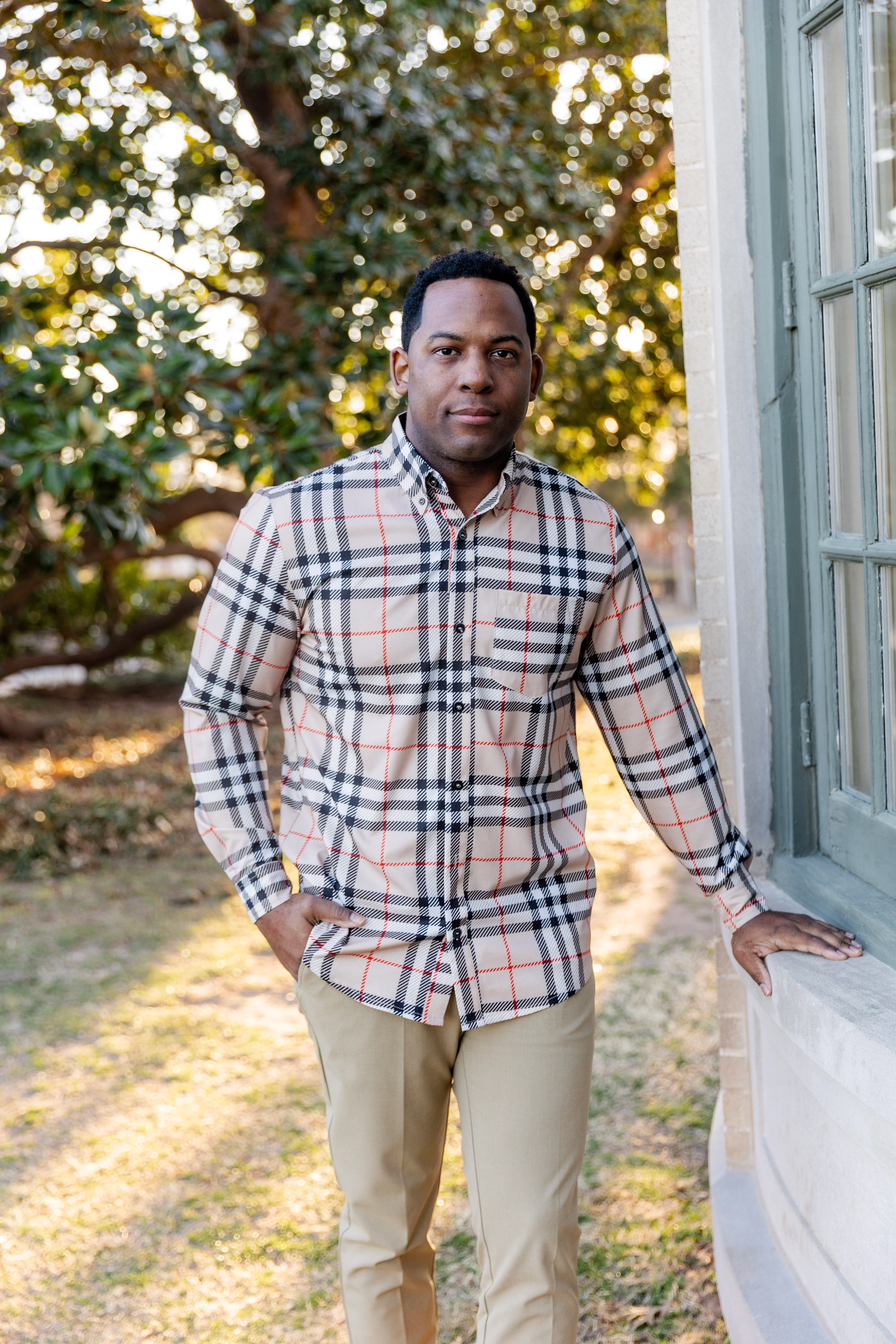 Men's Button Down Shirt in Sand Plaid - Votecaris