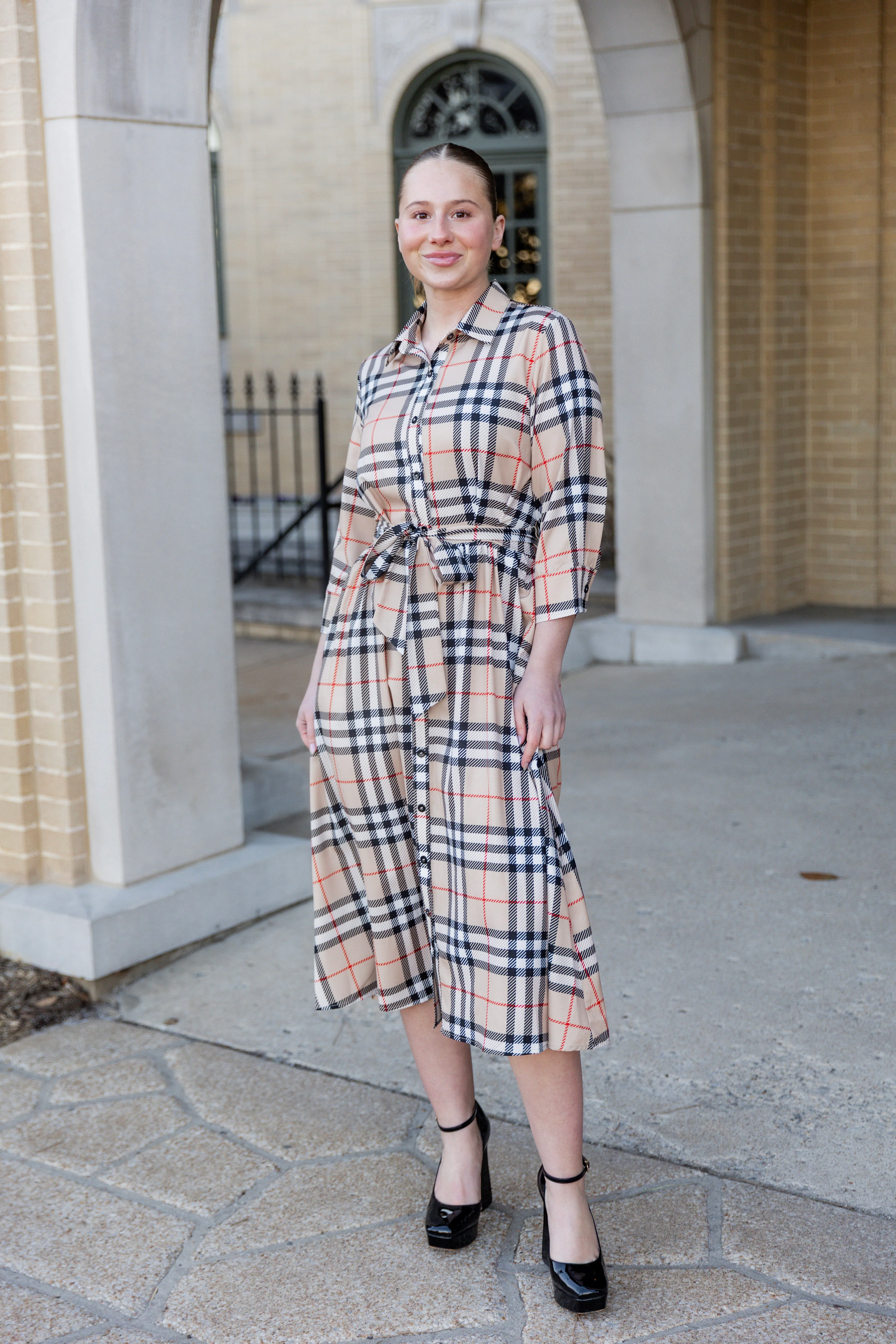 Rachel Dress in Sand Plaid - Votecaris