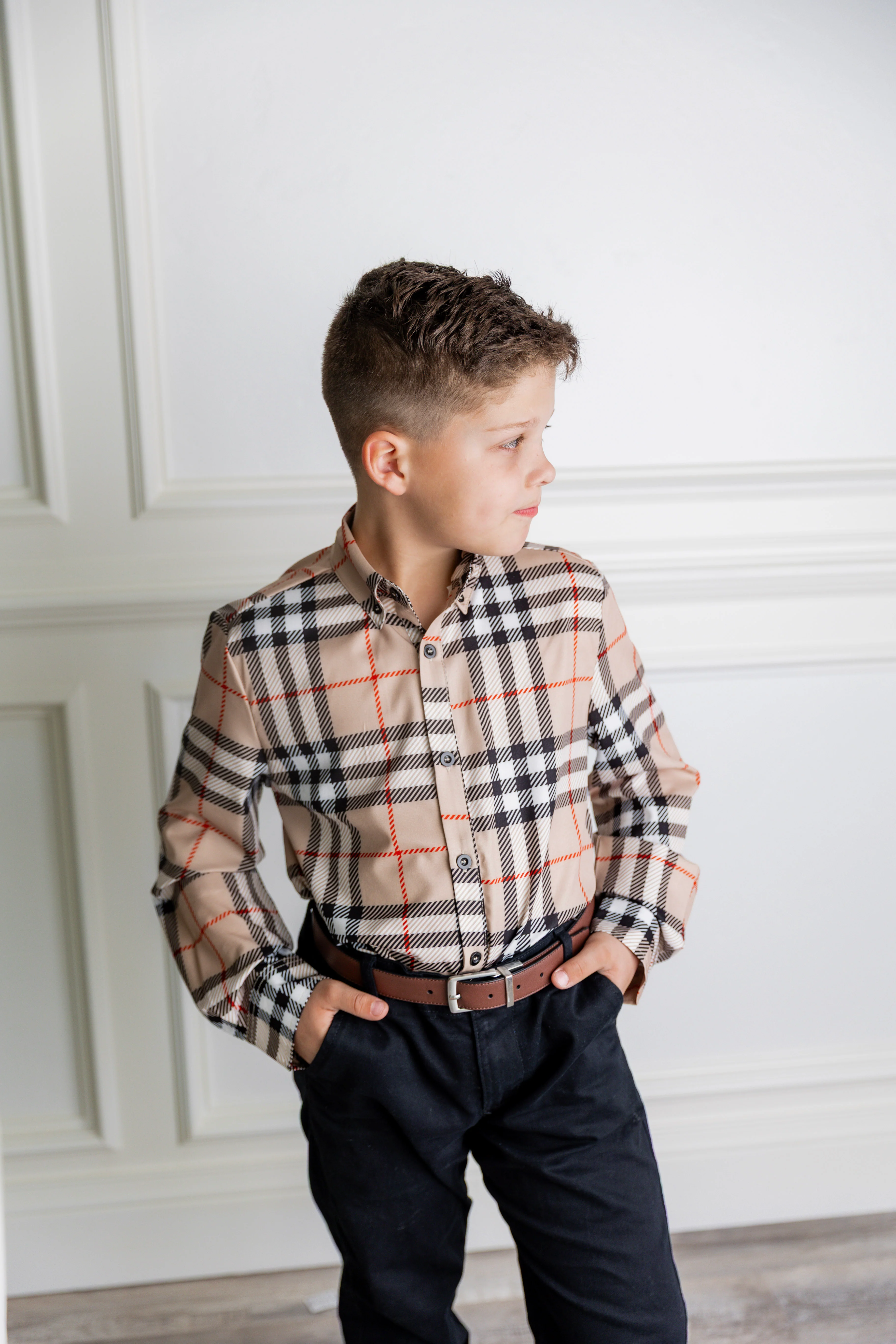 Boys' Button Down Shirt in Sand Plaid - Votecaris