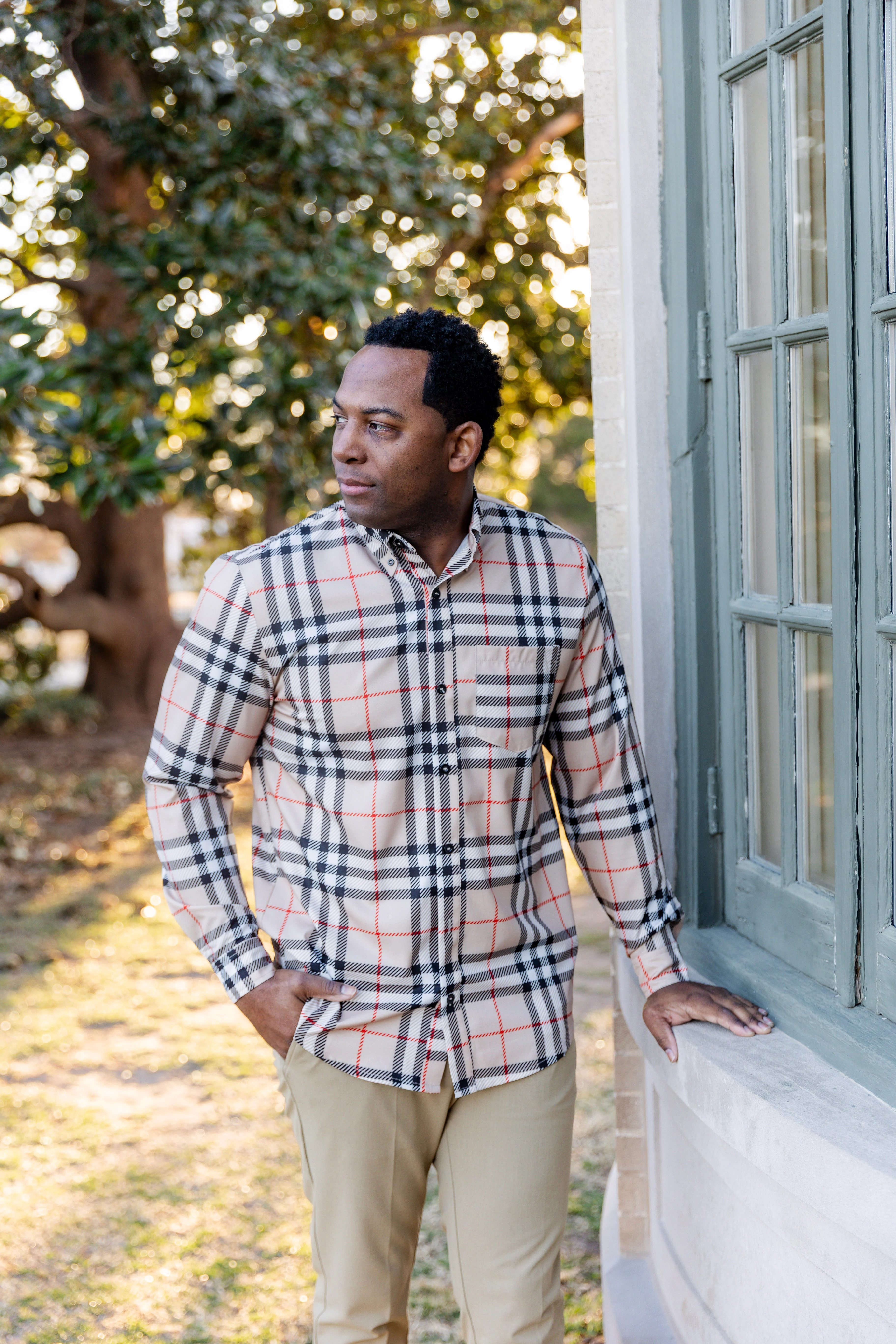 Men's Button Down Shirt in Sand Plaid - Votecaris